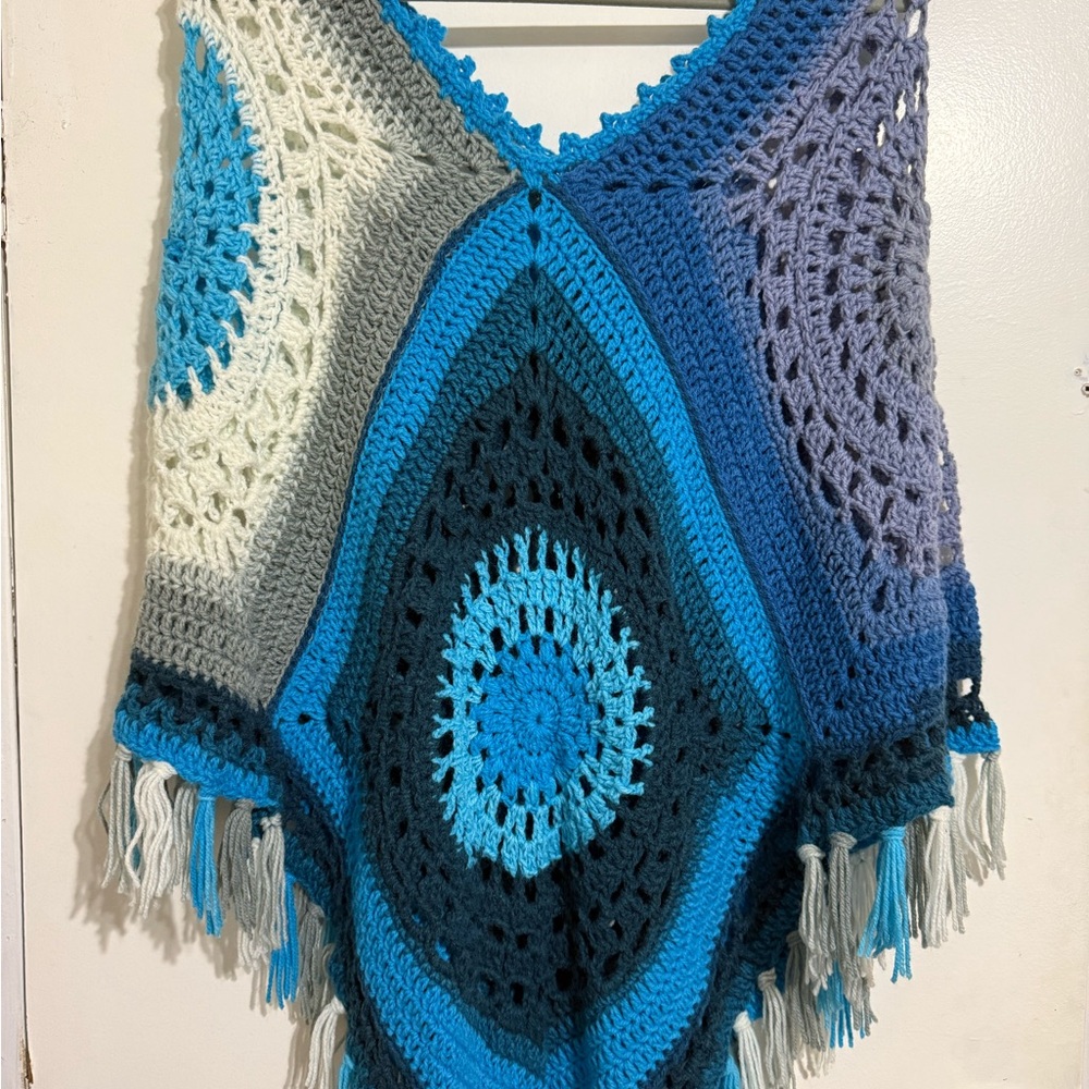 Multicolor Crochet Poncho with Fringe